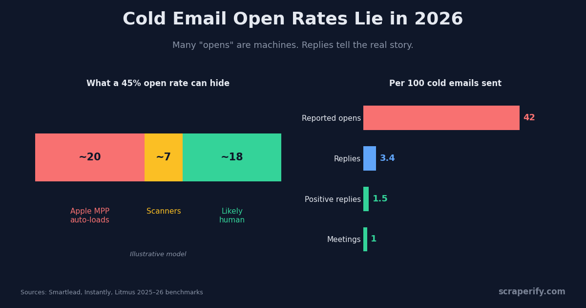 Cold email open rate reported by tools vs the share of opens likely from real humans